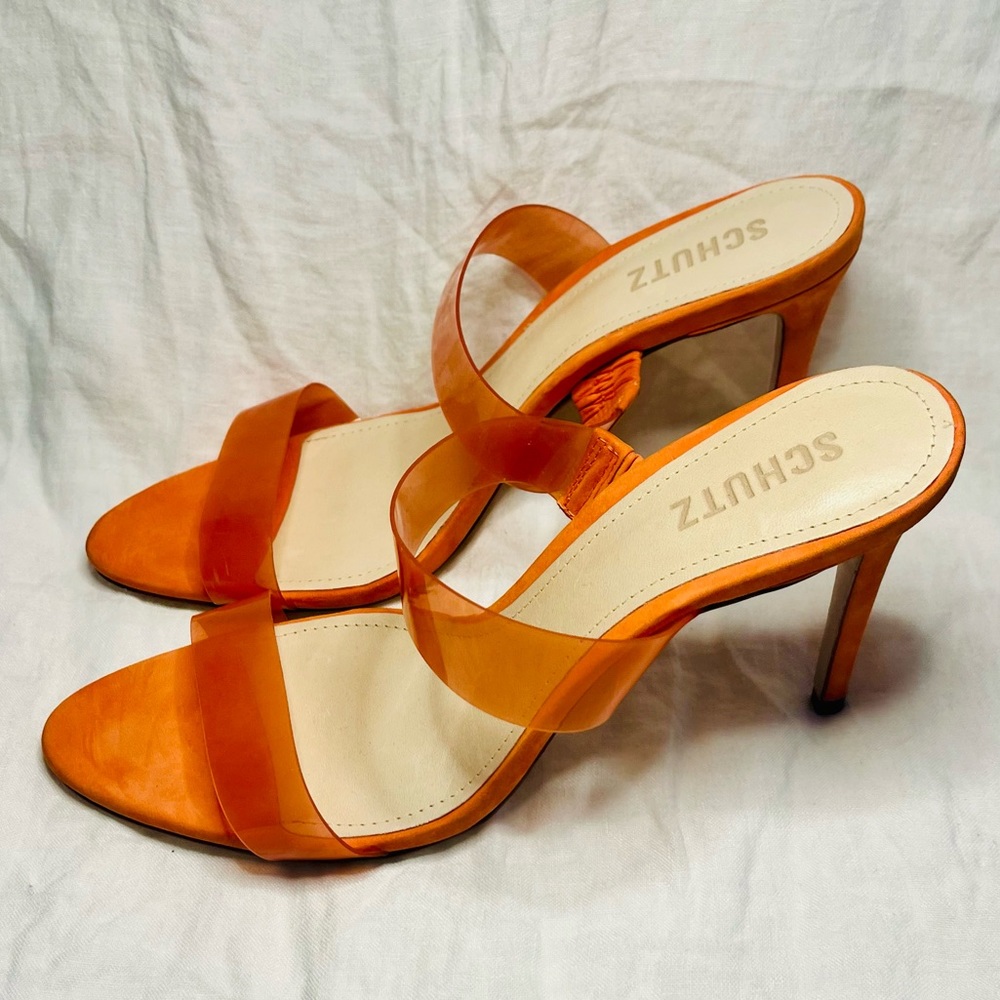 SCHUTZ Never Worn Orange Heels with Vinyl See Through Straps!